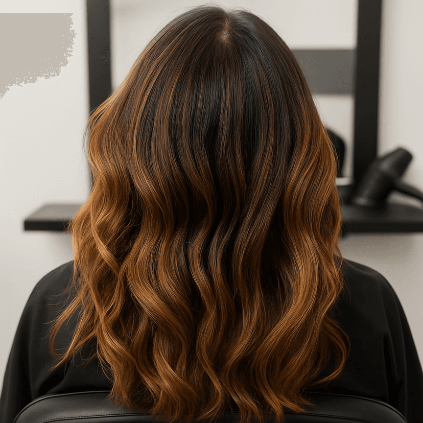 Long wavy hair with caramel highlights, styled elegantly in a salon setting.