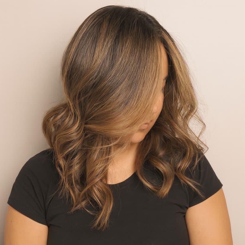 Woman with glossy, wavy hair looking down against a neutral background