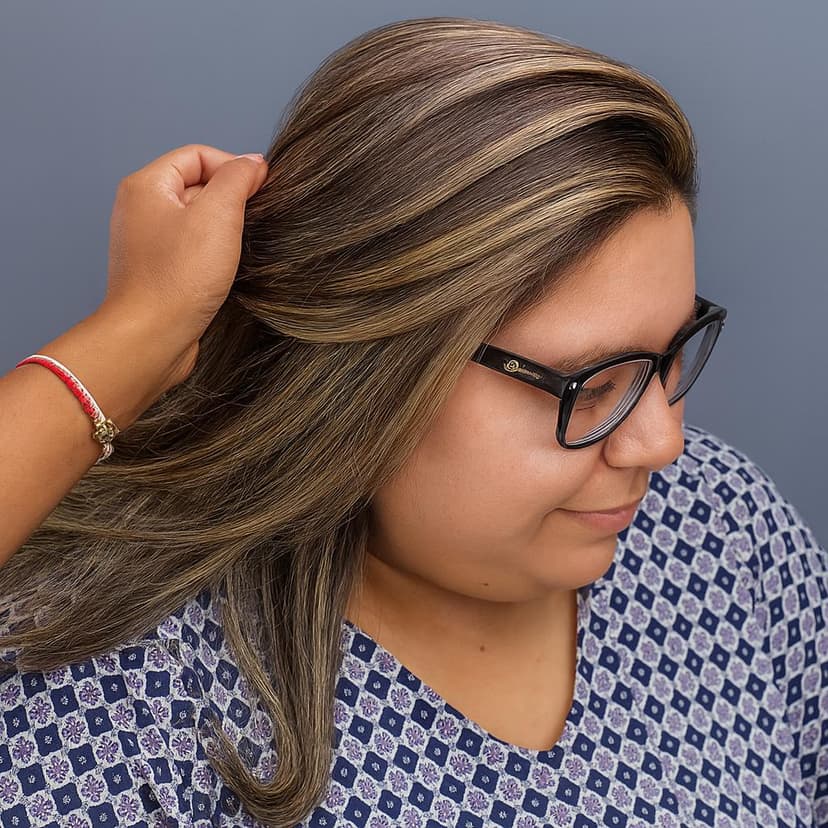 A woman with long highlighted hair wearing glasses is getting her hair styled.