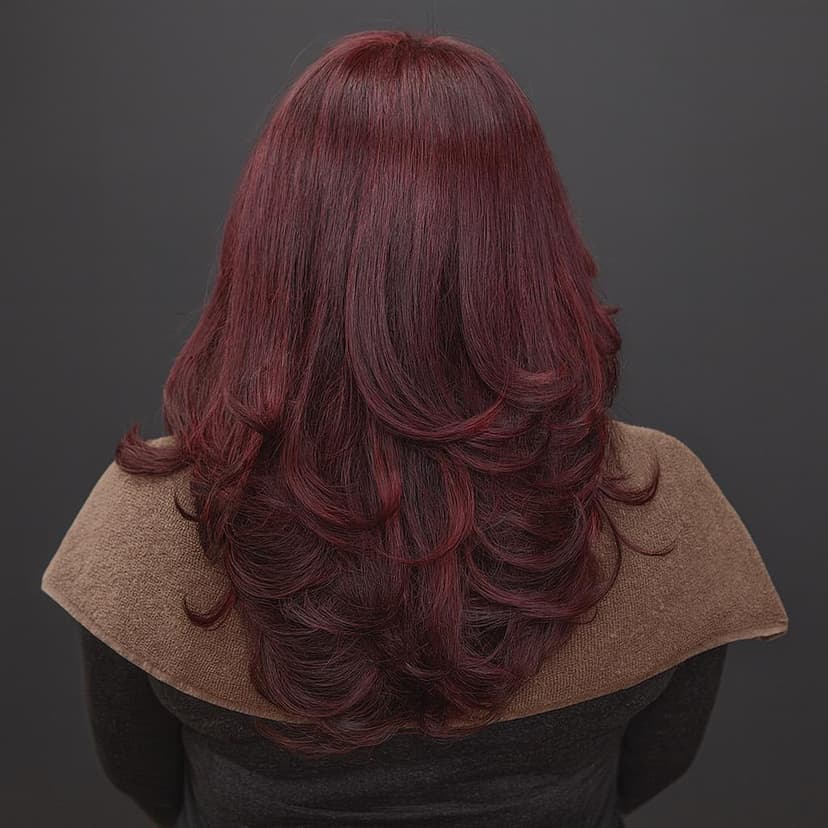 Long, vibrant red hair with soft curls cascading down the back, against a dark background.