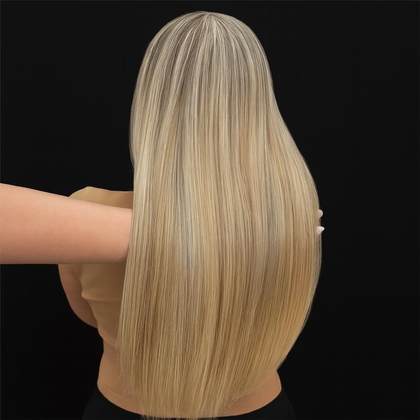 Woman with long straight blonde hair wearing beige top against black background