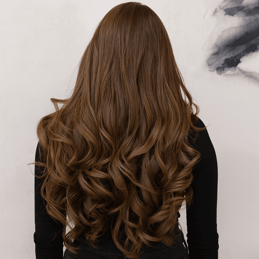 Long, wavy brown hair cascading down a woman's back against a light backdrop.
