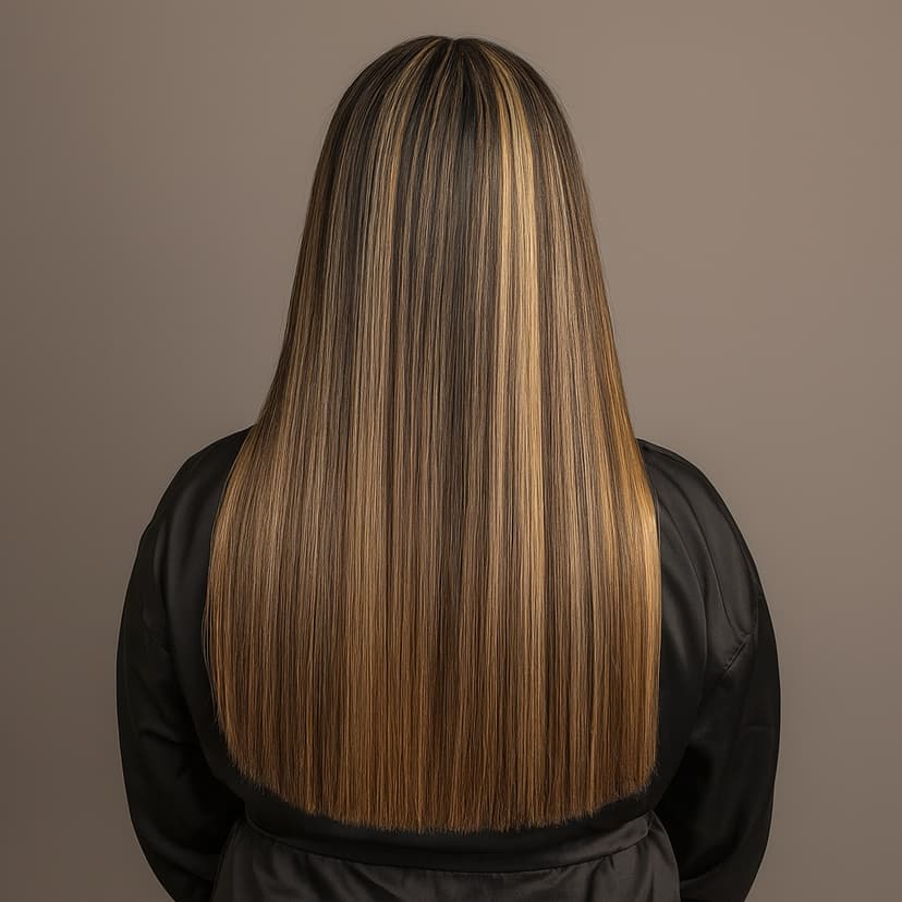 A woman with sleek, straight, highlighted hair viewed from the back.