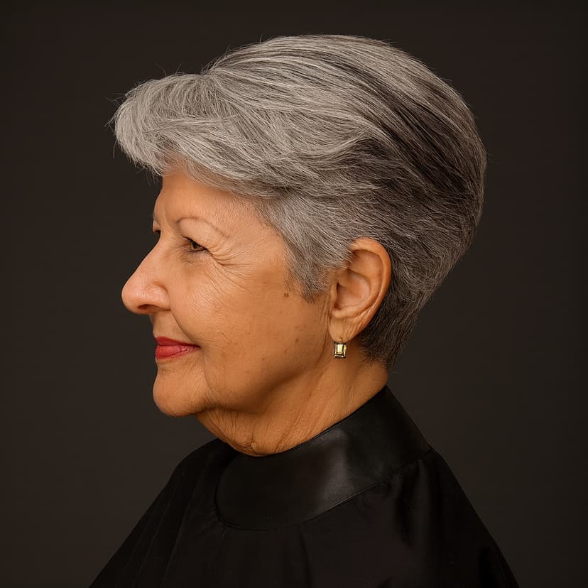 Profile of a mature woman with short gray hair against a dark background.