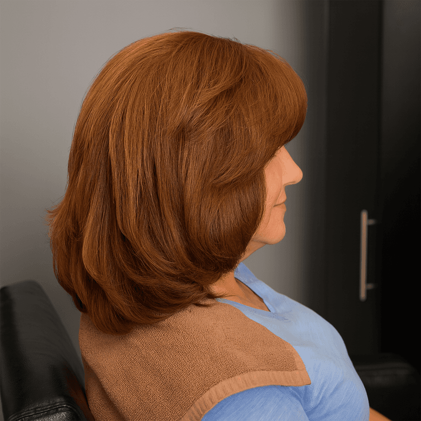 Profile view of a woman with medium-length reddish-brown hair, seated in a salon setting