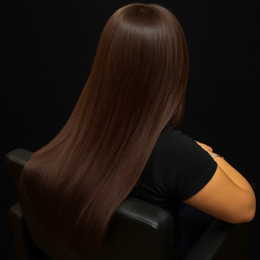 Long, smooth brown hair seen from behind against a black background