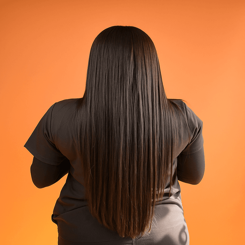 Person with long straight dark hair wearing a black shirt facing orange background