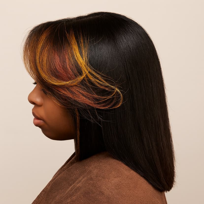 Profile of woman with straight black hair highlighted with orange and yellow tones, wearing a brown top against beige background