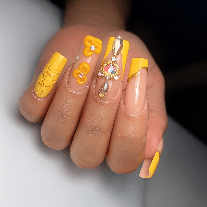 Bright yellow nail art with decorative elements on extended nails.