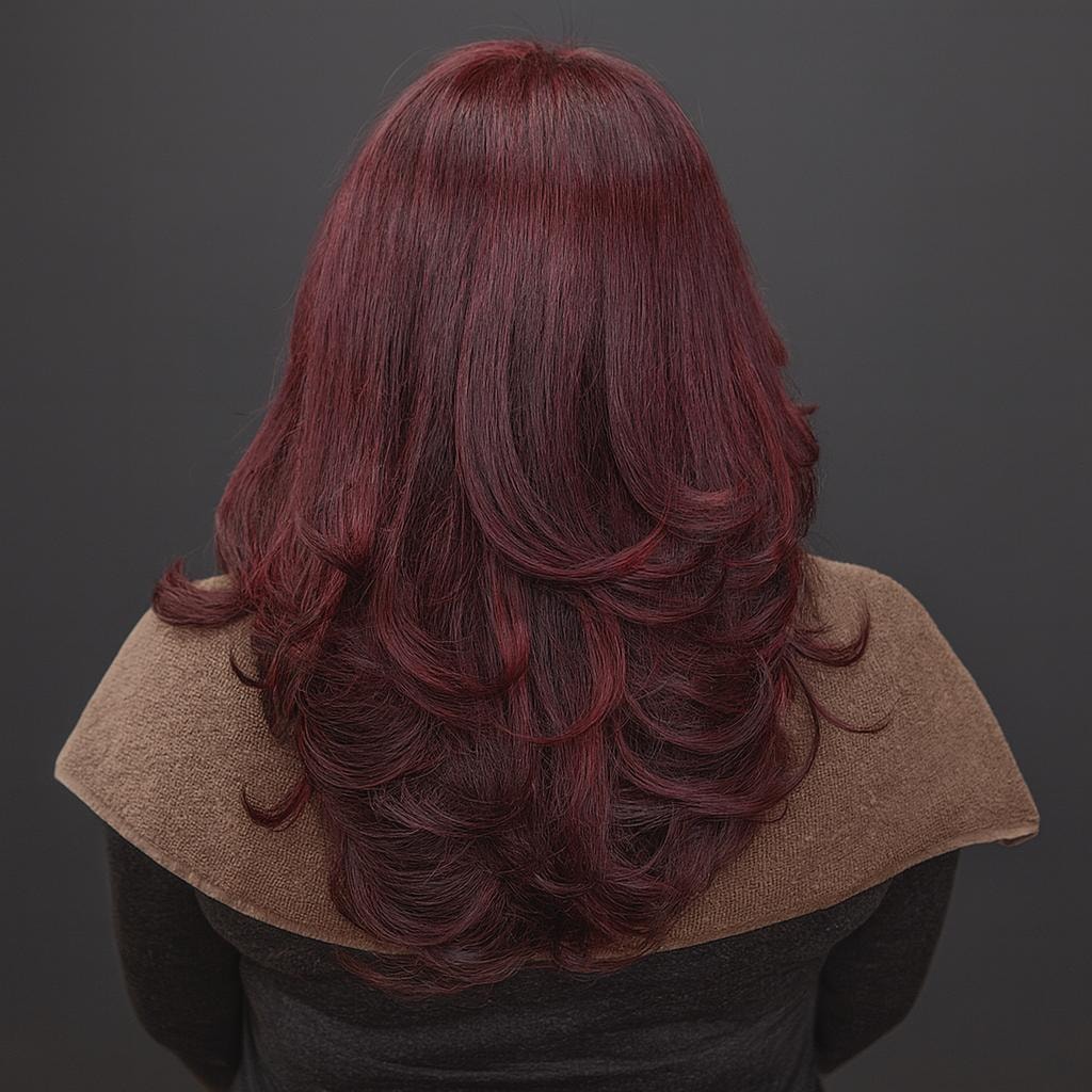 Long, vibrant red hair with soft curls cascading down the back, against a dark background.