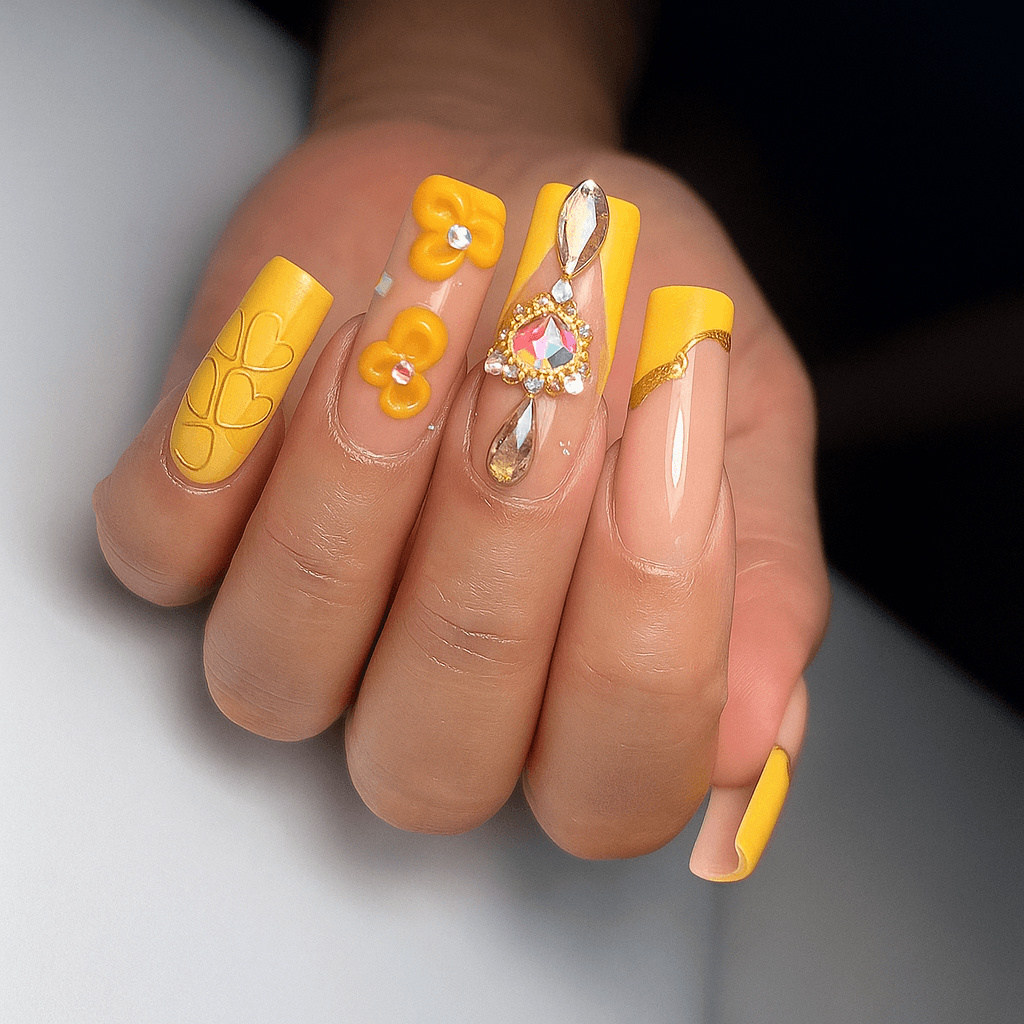 Bright yellow nail art with decorative elements on extended nails.
