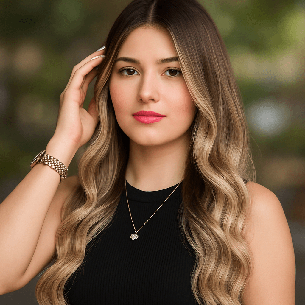 Portrait of a woman with long, wavy hair touching her face in a blurred green background.