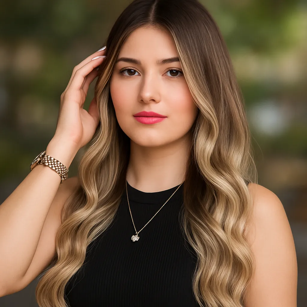 Portrait of a young woman with long wavy hair in a black top, softly posing outdoors.