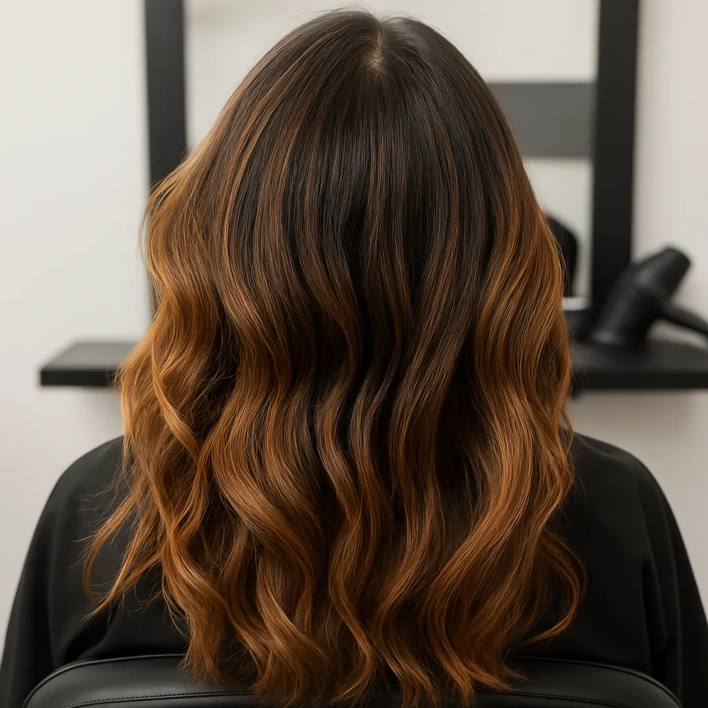 Back view of wavy brown hair with caramel highlights on a salon chair