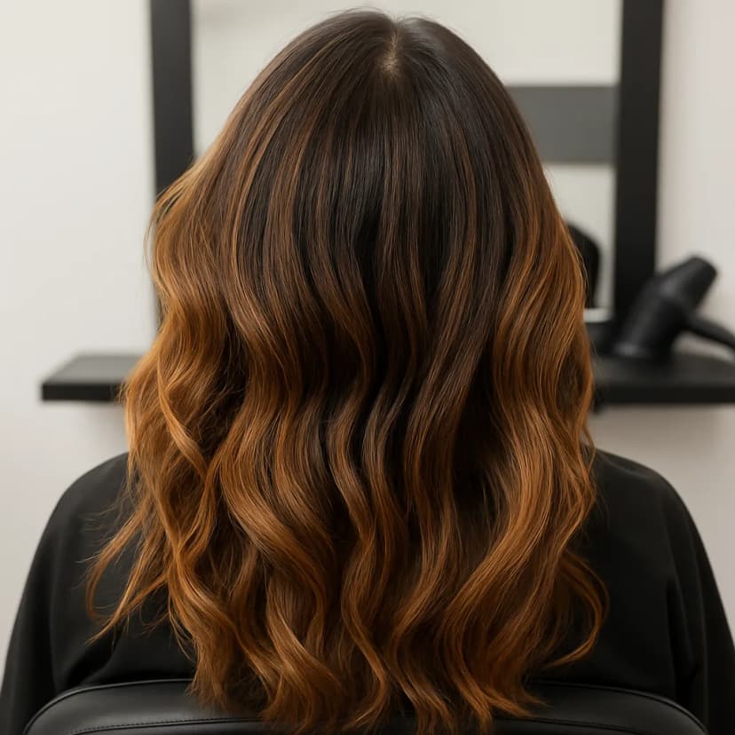 Back view of wavy brown hair with caramel highlights on a salon chair
