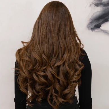 Woman with long, wavy brown hair viewed from the back
