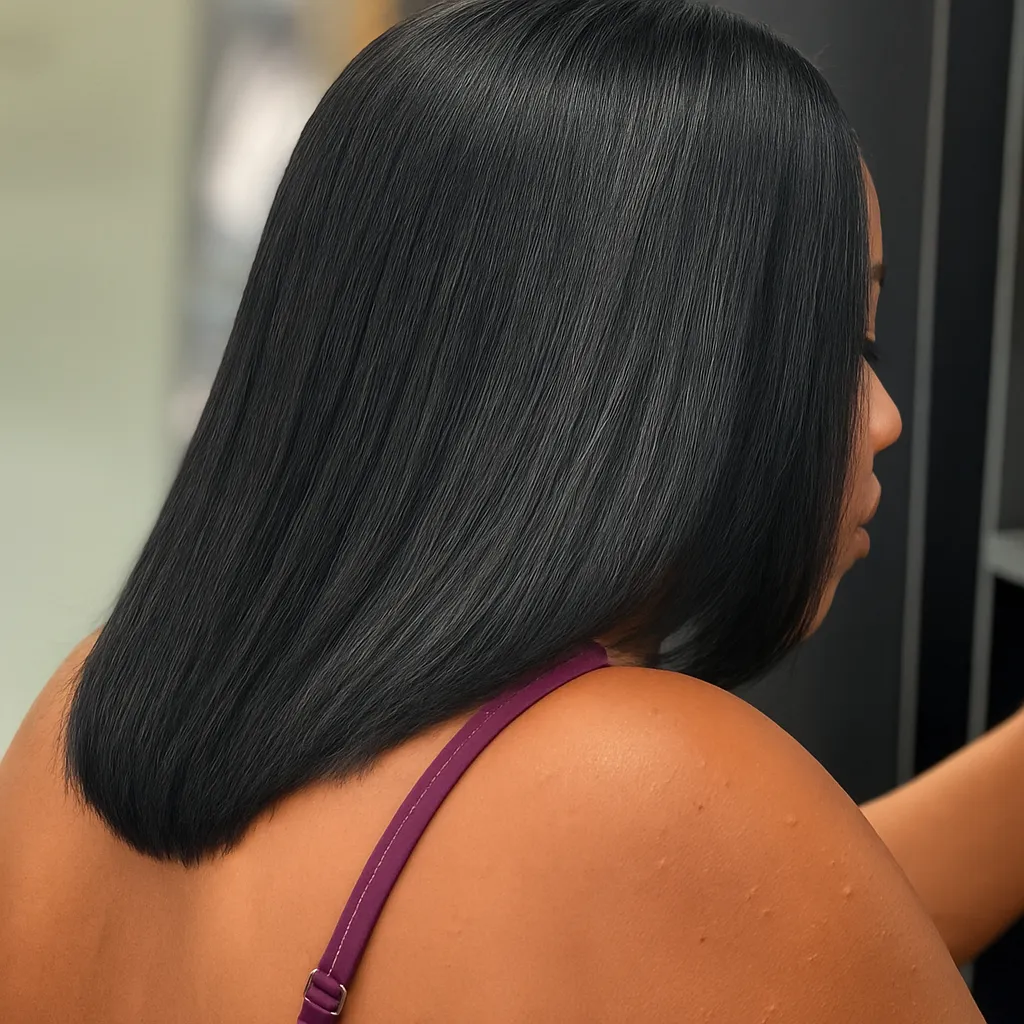 Woman with sleek, straight black hair, shown from back, subtle lighting and background.