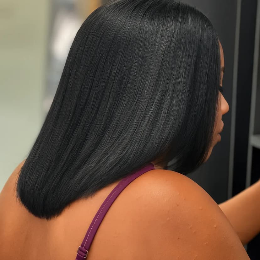 Woman with sleek, straight black hair, shown from back, subtle lighting and background.