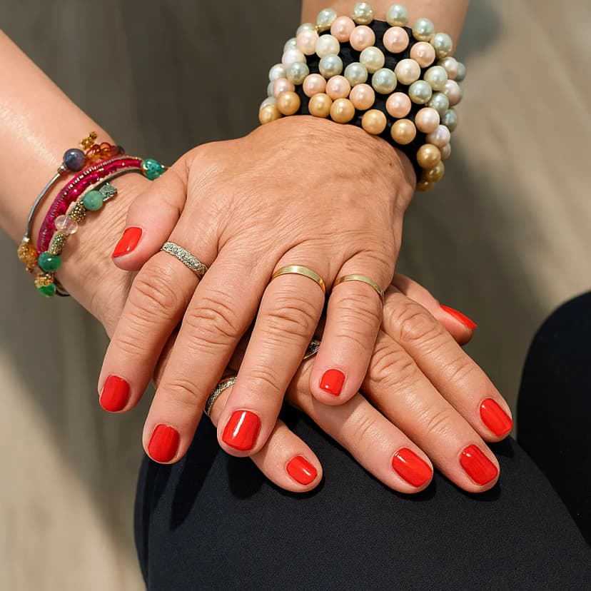 Two hands with red nail polish and colorful bracelets on a wooden surface